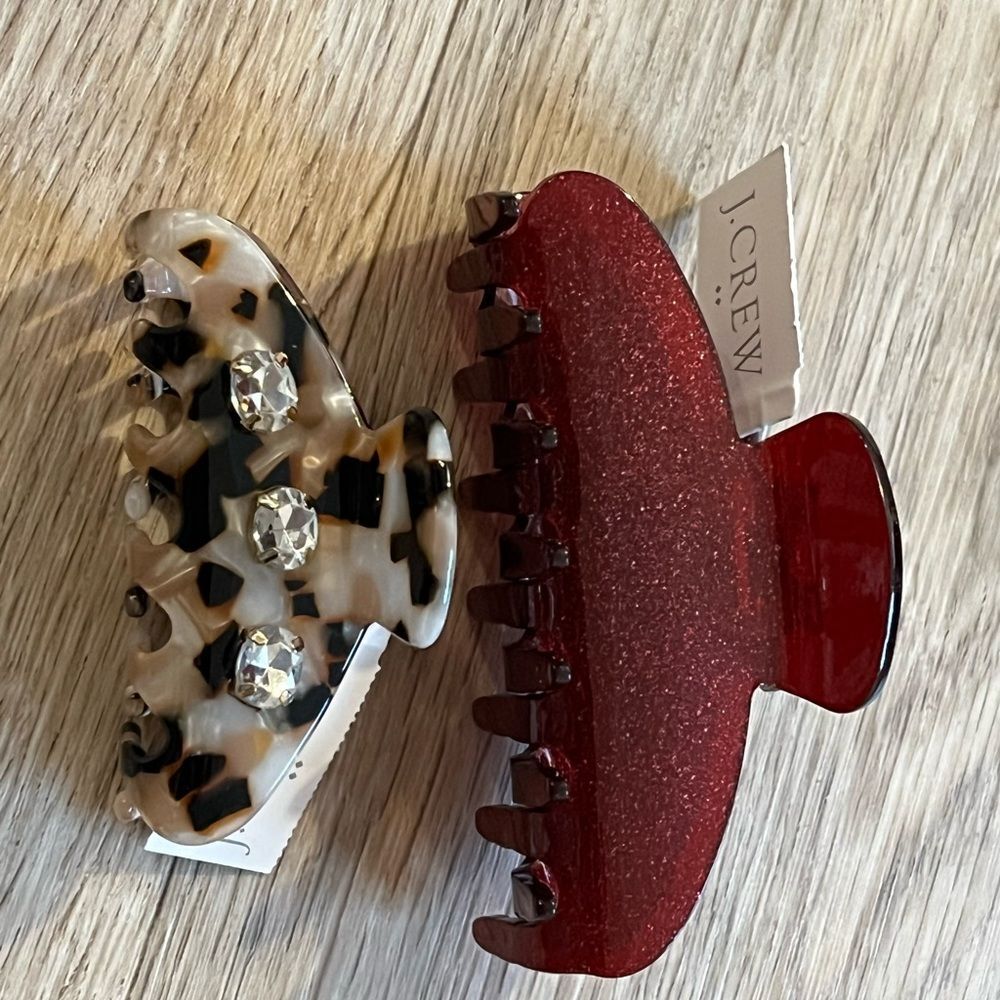 Bundle J Crew Women's Glitter & Rhinestone Claw Hair Clip Berry Red Leopard Tan